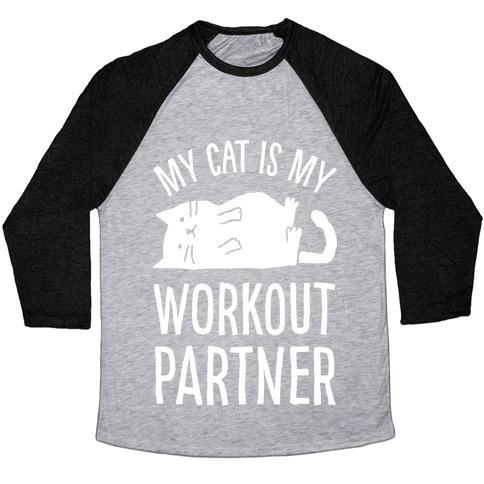 Virgin Teez  Baseball Tee Unisex Tri-Blend Baseball Tee / small / Athletic Gray / Black MY CAT IS MY WORKOUT PARTNER UNISEX TRI-BLEND BASEBALL TEE