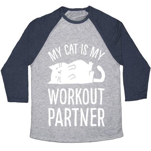 Virgin Teez  Baseball Tee Unisex Tri-Blend Baseball Tee / small / Athletic Gray / Navy MY CAT IS MY WORKOUT PARTNER UNISEX TRI-BLEND BASEBALL TEE