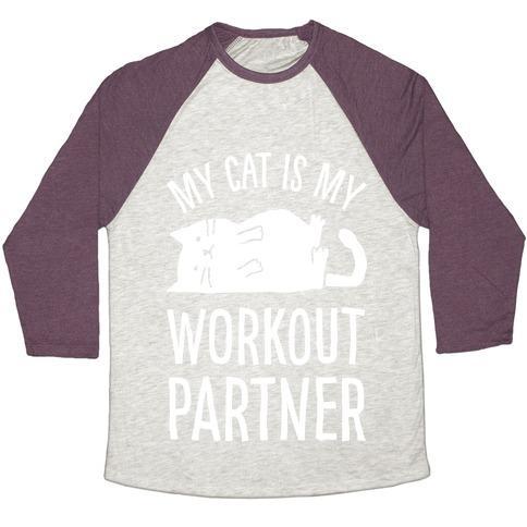 Virgin Teez  Baseball Tee Unisex Tri-Blend Baseball Tee / small / Oatmeal / Maroon MY CAT IS MY WORKOUT PARTNER UNISEX TRI-BLEND BASEBALL TEE