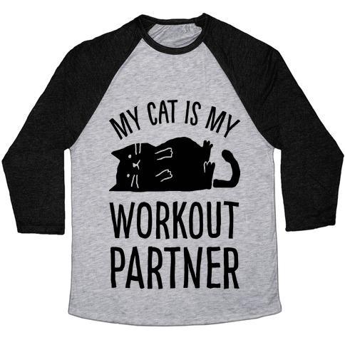 Virgin Teez  Baseball Tee Unisex Tri-Blend Baseball Tee / small / Athletic Gray / Black MY CAT IS MY WORKOUT PARTNER UNISEX TRI-BLEND BASEBALL TEE