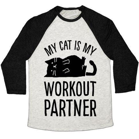 Virgin Teez  Baseball Tee Unisex Tri-Blend Baseball Tee / small / Oatmeal / Black MY CAT IS MY WORKOUT PARTNER UNISEX TRI-BLEND BASEBALL TEE
