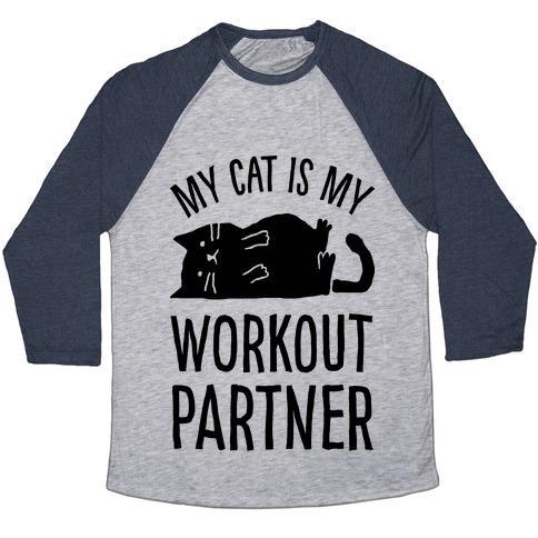 Virgin Teez  Baseball Tee Unisex Tri-Blend Baseball Tee / small / Athletic Gray / Navy MY CAT IS MY WORKOUT PARTNER UNISEX TRI-BLEND BASEBALL TEE