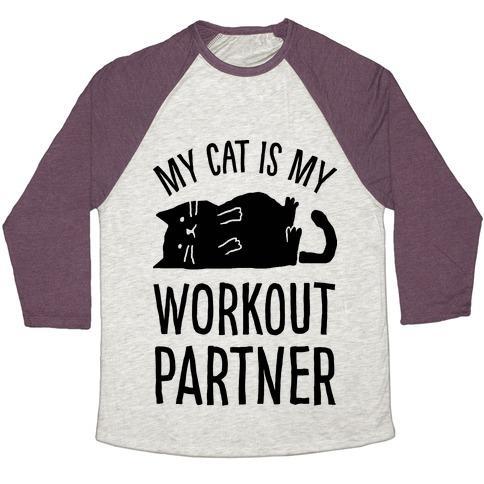 Virgin Teez  Baseball Tee Unisex Tri-Blend Baseball Tee / small / Oatmeal / Maroon MY CAT IS MY WORKOUT PARTNER UNISEX TRI-BLEND BASEBALL TEE