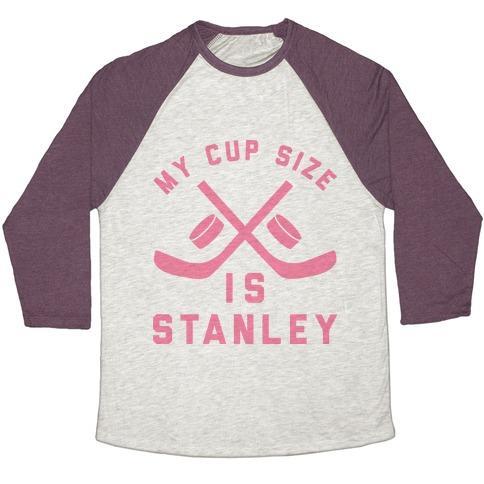 Virgin Teez  Baseball Tee Unisex Tri-Blend Baseball Tee / small / Oatmeal / Maroon MY CUP SIZE IS STANLEY UNISEX TRI-BLEND BASEBALL TEE