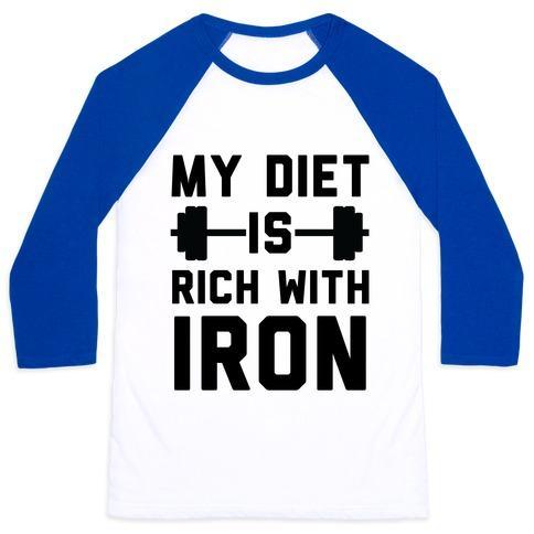 Virgin Teez  Baseball Tee Unisex Classic Baseball Tee / x-small / White/Blue MY DIET IS RICH WITH IRON UNISEX CLASSIC BASEBALL TEE
