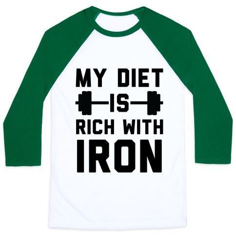 Virgin Teez  Baseball Tee Unisex Classic Baseball Tee / x-small / White/Dark Green MY DIET IS RICH WITH IRON UNISEX CLASSIC BASEBALL TEE