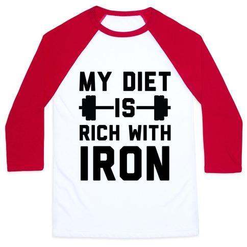 Virgin Teez  Baseball Tee Unisex Classic Baseball Tee / x-small / White/Red MY DIET IS RICH WITH IRON UNISEX CLASSIC BASEBALL TEE