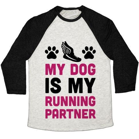 Virgin Teez  Baseball Tee Unisex Tri-Blend Baseball Tee / small / Oatmeal / Black MY DOG IS MY RUNNING PARTNER UNISEX TRI-BLEND BASEBALL TEE