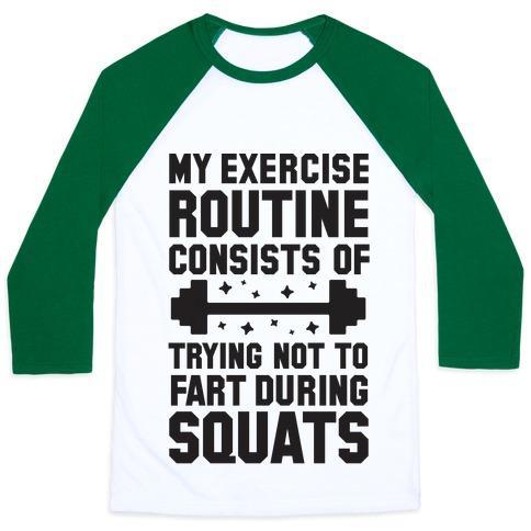 Virgin Teez  Baseball Tee Unisex Classic Baseball Tee / x-small / White/Dark Green MY EXERCISE ROUTINE CONSISTS OF TRYING NOT TO FART DURING SQUATS UNISEX CLASSIC BASEBALL TEE