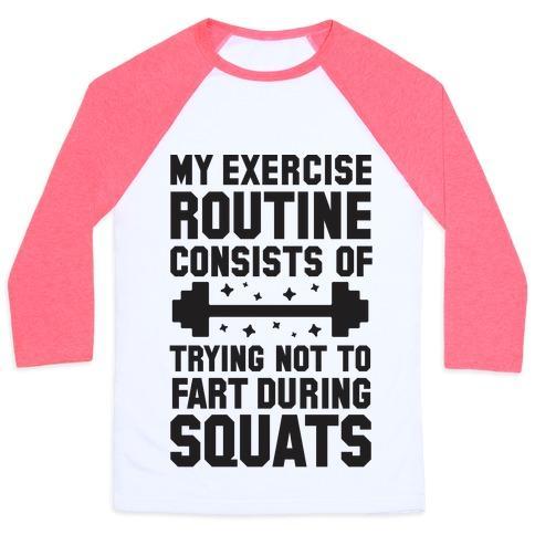 Virgin Teez  Baseball Tee Unisex Classic Baseball Tee / x-small / White/Neon Pink MY EXERCISE ROUTINE CONSISTS OF TRYING NOT TO FART DURING SQUATS UNISEX CLASSIC BASEBALL TEE