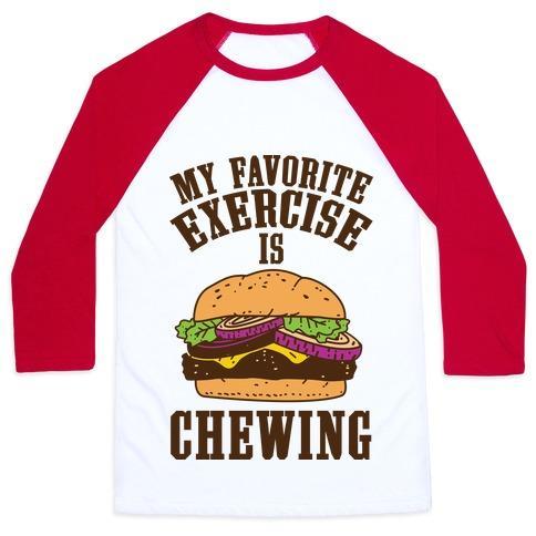 Virgin Teez  Baseball Tee Unisex Classic Baseball Tee / x-small / White/Red MY FAVORITE EXERCISE IS CHEWING UNISEX CLASSIC BASEBALL TEE