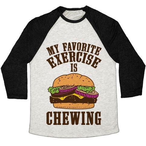 Virgin Teez  Baseball Tee Unisex Tri-Blend Baseball Tee / small / Oatmeal / Black MY FAVORITE EXERCISE IS CHEWING UNISEX TRI-BLEND BASEBALL TEE