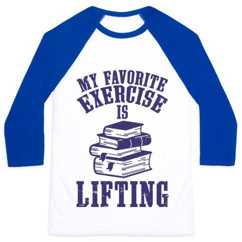 Virgin Teez  Baseball Tee Unisex Classic Baseball Tee / x-small / White/Blue MY FAVORITE EXERCISE IS LIFTING BOOKS UNISEX CLASSIC BASEBALL TEE