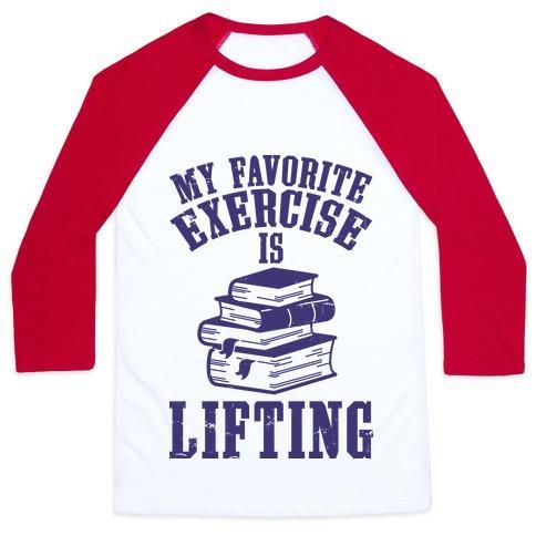 Virgin Teez  Baseball Tee Unisex Classic Baseball Tee / x-small / White/Red MY FAVORITE EXERCISE IS LIFTING BOOKS UNISEX CLASSIC BASEBALL TEE