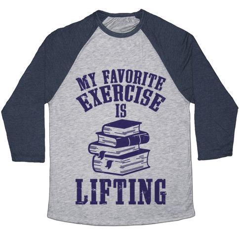 Virgin Teez  Baseball Tee Unisex Tri-Blend Baseball Tee / small / Athletic Gray / Navy MY FAVORITE EXERCISE IS LIFTING BOOKS UNISEX TRI-BLEND BASEBALL TEE