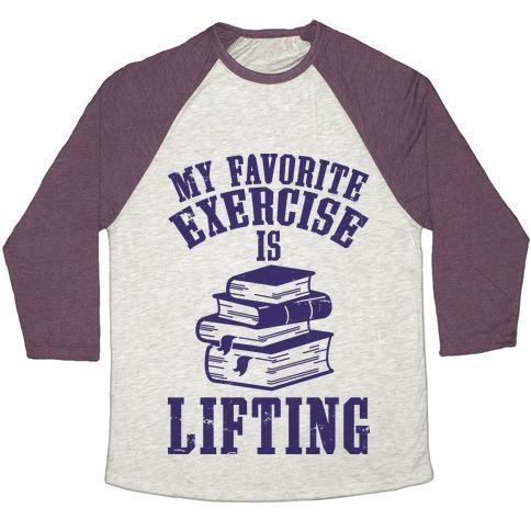 Virgin Teez  Baseball Tee Unisex Tri-Blend Baseball Tee / small / Oatmeal / Maroon MY FAVORITE EXERCISE IS LIFTING BOOKS UNISEX TRI-BLEND BASEBALL TEE