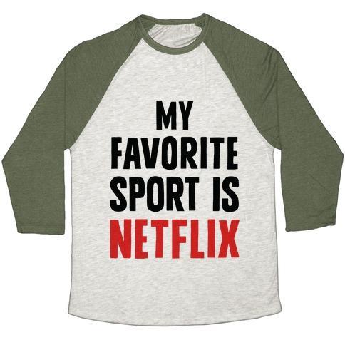 Virgin Teez  Baseball Tee Unisex Tri-Blend Baseball Tee / small / Oatmeal / Moss MY FAVORITE SPORT IS NETFLIX UNISEX TRI-BLEND BASEBALL TEE