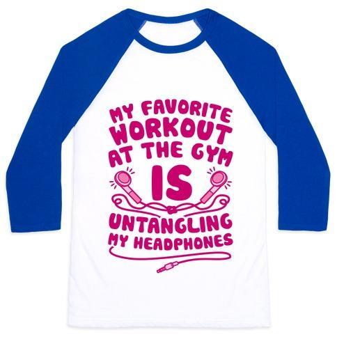 Virgin Teez  Baseball Tee Unisex Classic Baseball Tee / x-small / White/Blue MY FAVORITE WORKOUT AT THE GYM IS UNTANGLING MY HEADPHONES UNISEX CLASSIC BASEBALL TEE