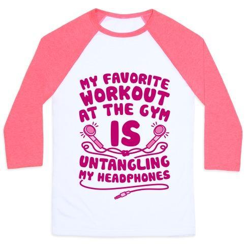 Virgin Teez  Baseball Tee Unisex Classic Baseball Tee / x-small / White/Neon Pink MY FAVORITE WORKOUT AT THE GYM IS UNTANGLING MY HEADPHONES UNISEX CLASSIC BASEBALL TEE