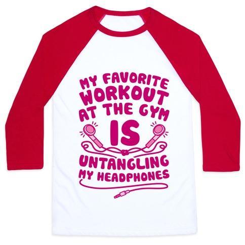 Virgin Teez  Baseball Tee Unisex Classic Baseball Tee / x-small / White/Red MY FAVORITE WORKOUT AT THE GYM IS UNTANGLING MY HEADPHONES UNISEX CLASSIC BASEBALL TEE