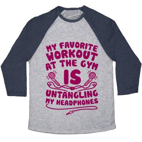 Virgin Teez  Baseball Tee Unisex Tri-Blend Baseball Tee / small / Athletic Gray / Navy MY FAVORITE WORKOUT AT THE GYM IS UNTANGLING MY HEADPHONES UNISEX TRI-BLEND BASEBALL TEE