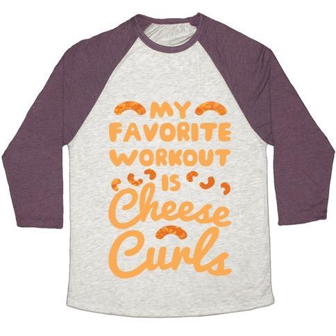 Virgin Teez  Baseball Tee Unisex Tri-Blend Baseball Tee / small / Oatmeal / Maroon MY FAVORITE WORKOUT IS CHEESE CURLS UNISEX TRI-BLEND BASEBALL TEE