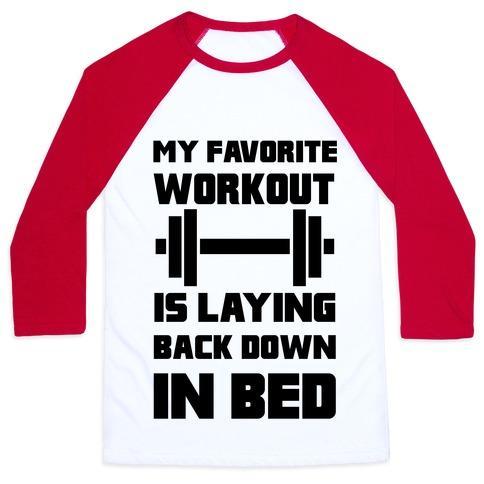 Virgin Teez  Baseball Tee Unisex Classic Baseball Tee / x-small / White/Red MY FAVORITE WORKOUT IS LAYING BACK DOWN IN BED UNISEX CLASSIC BASEBALL TEE