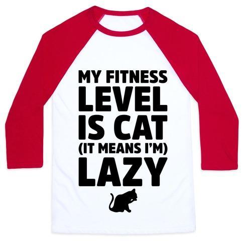 Virgin Teez  Baseball Tee Unisex Classic Baseball Tee / x-small / White/Red MY FITNESS LEVEL IS CAT UNISEX CLASSIC BASEBALL TEE