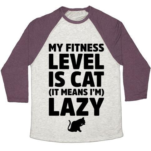 Virgin Teez  Baseball Tee Unisex Tri-Blend Baseball Tee / small / Oatmeal / Maroon MY FITNESS LEVEL IS CAT UNISEX TRI-BLEND BASEBALL TEE
