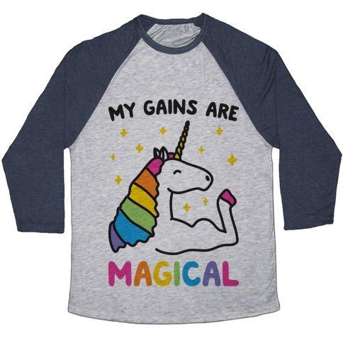 Virgin Teez  Baseball Tee Unisex Tri-Blend Baseball Tee / small / Athletic Gray / Navy MY GAINS ARE MAGICAL UNISEX TRI-BLEND BASEBALL TEE