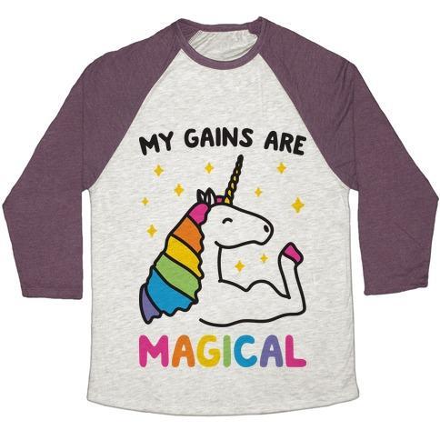 Virgin Teez  Baseball Tee Unisex Tri-Blend Baseball Tee / small / Oatmeal / Maroon MY GAINS ARE MAGICAL UNISEX TRI-BLEND BASEBALL TEE