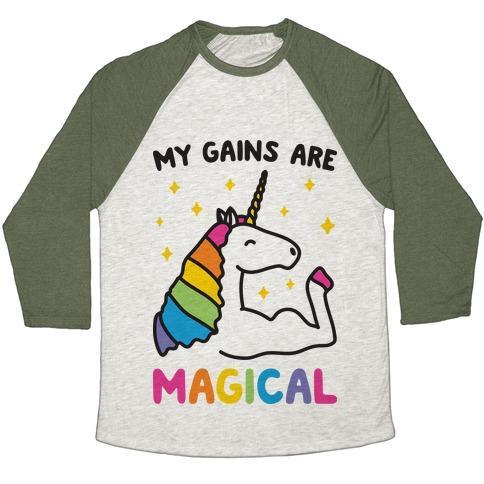 Virgin Teez  Baseball Tee Unisex Tri-Blend Baseball Tee / small / Oatmeal / Moss MY GAINS ARE MAGICAL UNISEX TRI-BLEND BASEBALL TEE
