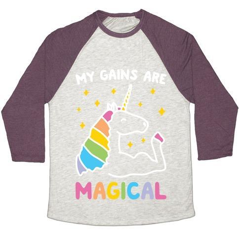 Virgin Teez  Baseball Tee Unisex Tri-Blend Baseball Tee / small / Oatmeal / Maroon MY GAINS ARE MAGICAL UNISEX TRI-BLEND BASEBALL TEE
