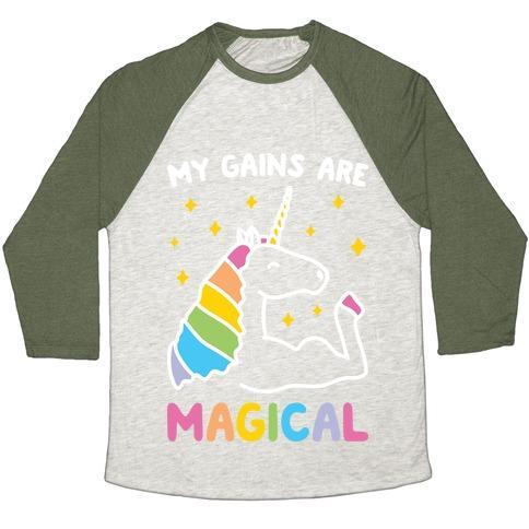 Virgin Teez  Baseball Tee Unisex Tri-Blend Baseball Tee / small / Oatmeal / Moss MY GAINS ARE MAGICAL UNISEX TRI-BLEND BASEBALL TEE