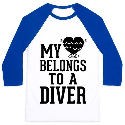 Virgin Teez  Baseball Tee Unisex Classic Baseball Tee / x-small / White/Blue MY HEART BELONGS TO A DIVER UNISEX CLASSIC BASEBALL TEE