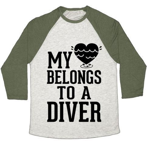 Virgin Teez  Baseball Tee Unisex Tri-Blend Baseball Tee / small / Oatmeal / Moss MY HEART BELONGS TO A DIVER UNISEX TRI-BLEND BASEBALL TEE