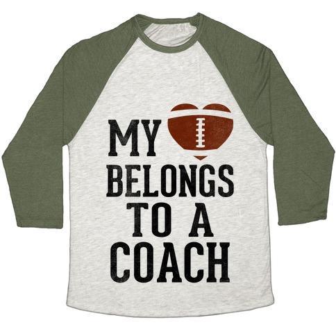 Virgin Teez  Baseball Tee Unisex Tri-Blend Baseball Tee / small / Oatmeal / Moss MY HEART BELONGS TO A FOOTBALL COACH (BASEBALL TEE) UNISEX TRI-BLEND BASEBALL TEE
