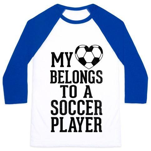Virgin Teez  Baseball Tee Unisex Classic Baseball Tee / x-small / White/Blue MY HEART BELONGS TO A SOCCER PLAYER (BASEBALL TEE) UNISEX CLASSIC BASEBALL TEE