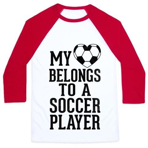 Virgin Teez  Baseball Tee Unisex Classic Baseball Tee / x-small / White/Red MY HEART BELONGS TO A SOCCER PLAYER (BASEBALL TEE) UNISEX CLASSIC BASEBALL TEE