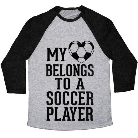 Virgin Teez  Baseball Tee Unisex Tri-Blend Baseball Tee / small / Athletic Gray / Black MY HEART BELONGS TO A SOCCER PLAYER (BASEBALL TEE) UNISEX TRI-BLEND BASEBALL TEE