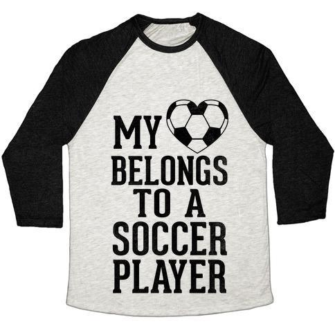 Virgin Teez  Baseball Tee Unisex Tri-Blend Baseball Tee / small / Oatmeal / Black MY HEART BELONGS TO A SOCCER PLAYER (BASEBALL TEE) UNISEX TRI-BLEND BASEBALL TEE