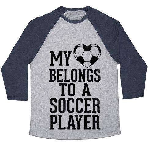 Virgin Teez  Baseball Tee Unisex Tri-Blend Baseball Tee / small / Athletic Gray / Navy MY HEART BELONGS TO A SOCCER PLAYER (BASEBALL TEE) UNISEX TRI-BLEND BASEBALL TEE