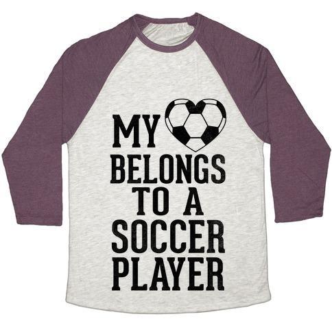 Virgin Teez  Baseball Tee Unisex Tri-Blend Baseball Tee / small / Oatmeal / Maroon MY HEART BELONGS TO A SOCCER PLAYER (BASEBALL TEE) UNISEX TRI-BLEND BASEBALL TEE