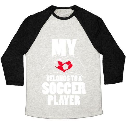 Virgin Teez  Baseball Tee Unisex Tri-Blend Baseball Tee / small / Oatmeal / Black MY HEART BELONGS TO A SOCCER PLAYER UNISEX TRI-BLEND BASEBALL TEE