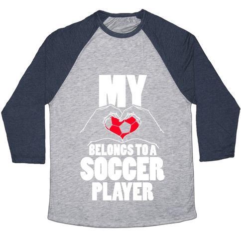 Virgin Teez  Baseball Tee Unisex Tri-Blend Baseball Tee / small / Athletic Gray / Navy MY HEART BELONGS TO A SOCCER PLAYER UNISEX TRI-BLEND BASEBALL TEE