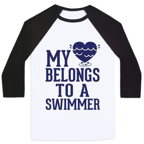 Virgin Teez  Baseball Tee Unisex Classic Baseball Tee / x-small / White/Black MY HEART BELONGS TO A SWIMMER UNISEX CLASSIC BASEBALL TEE
