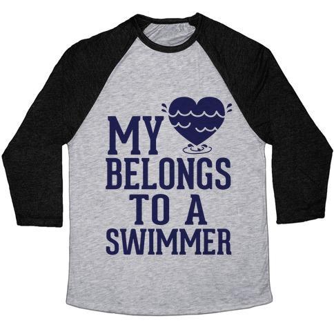 Virgin Teez  Baseball Tee Unisex Tri-Blend Baseball Tee / small / Athletic Gray / Black MY HEART BELONGS TO A SWIMMER UNISEX TRI-BLEND BASEBALL TEE