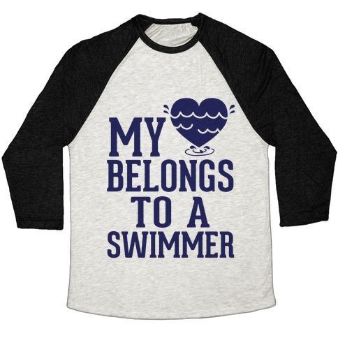 Virgin Teez  Baseball Tee Unisex Tri-Blend Baseball Tee / small / Oatmeal / Black MY HEART BELONGS TO A SWIMMER UNISEX TRI-BLEND BASEBALL TEE