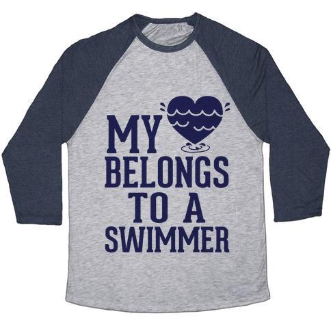 Virgin Teez  Baseball Tee Unisex Tri-Blend Baseball Tee / small / Athletic Gray / Navy MY HEART BELONGS TO A SWIMMER UNISEX TRI-BLEND BASEBALL TEE