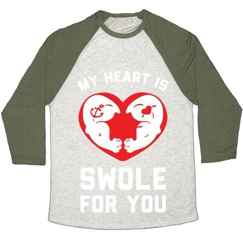 Virgin Teez  Baseball Tee Unisex Tri-Blend Baseball Tee / small / Oatmeal / Moss MY HEART IS SWOLE FOR YOU UNISEX TRI-BLEND BASEBALL TEE